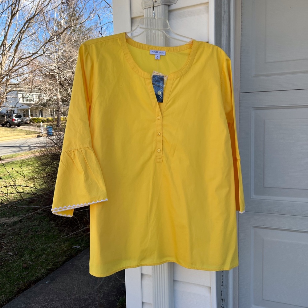 NWT Kim Rogers Pretty Yellow White Embroidery Sleeve Hem 100% Cotton Blouse